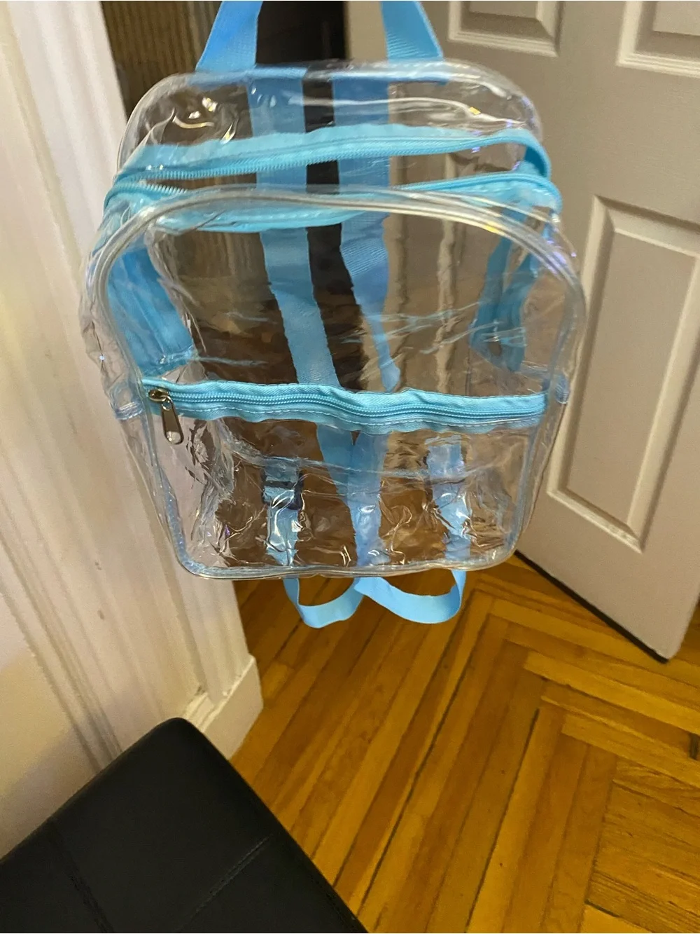 Clear PVC Backpack with Light Blue Trim,women's adjustable bag